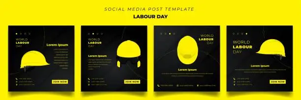 Vector illustration of Set of social media post template with black geometric background in square for labour day