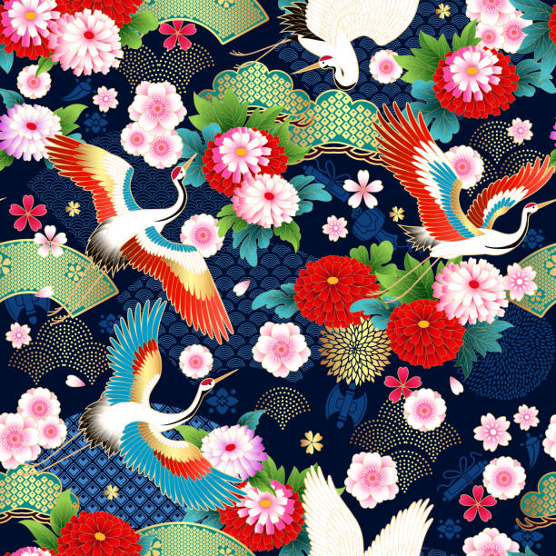 ilustrações de stock, clip art, desenhos animados e ícones de spring japanese background with fans and cranes - pattern bird seamless backgrounds