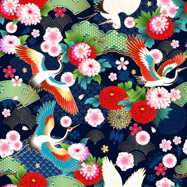 Vector illustration of Spring Japanese background with fans and cranes