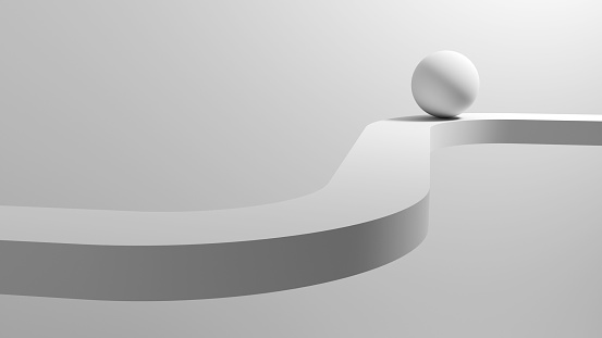 Abstract white installation with a ball on curved lane with soft shadows, 3d rendering illustration
