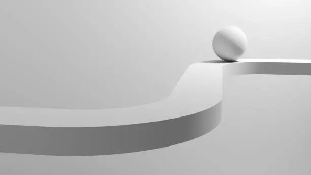 Abstract white installation with a ball on curved lane with soft shadows, 3d rendering illustration