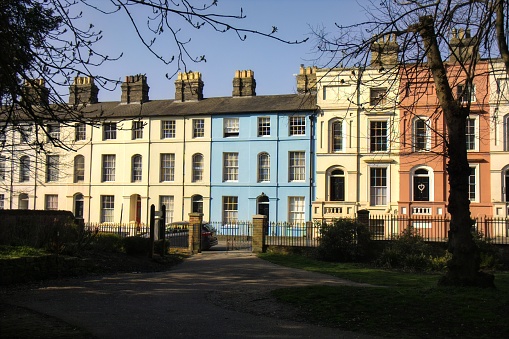 A row of colourful terraced town houses in Ipswich, UK