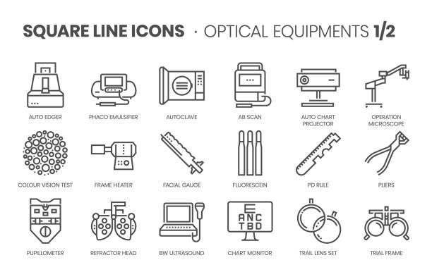 光学機器2関連、ピクセルパーフェクト、編集可能なストローク、スケーラブルな正方形の線ベクトルアイコンセット。 - optical instrument illustrations点のイラスト素材／クリップアート素材／マンガ素材／アイコン素材