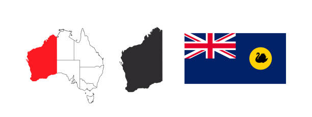 карта западной австралии. флаг западной австралии. штаты и территории австралии. векторная иллюстрация - kangaroo flag australia australian culture stock illustrations