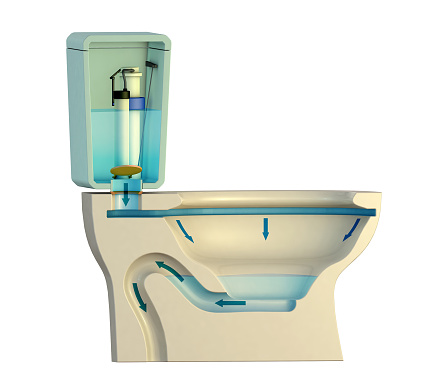 Cross-section of a toilet showing how the flushing system works. Digital illustration.