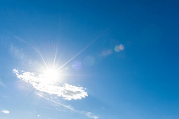 istock Sunny background, blue sky with white clouds and sun 1388223493