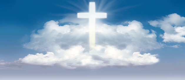 Cross Crucifixion Of Jesus Christ with blue sky background, Easter concept.