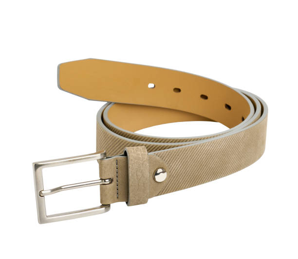 istock Beige leather textured belt isolated on white background 1388224379