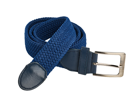 Blue braided fabric belt isolated on white background close-up