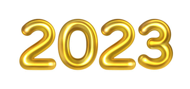 istock 2023 new year card template. Shiny golden 3d numbers on white background 1388226661