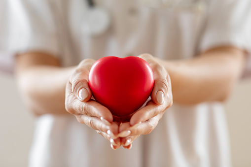 Woman doctor holding heart in hands