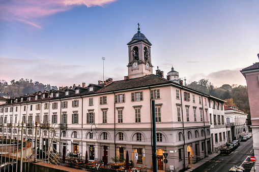 Beautiful Clocktower Building Next To Grand Madre Di Dio Church In Turin, Italy