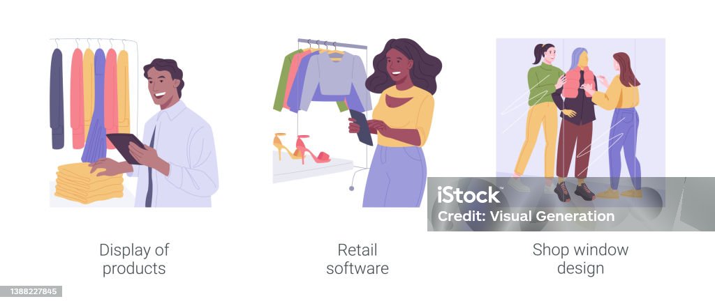 Retail Collection Cartoon Apparel Retailer Isolated Cartoon Vector Illustrations Set Stock ...