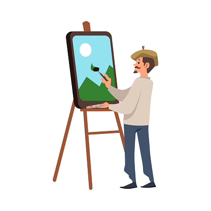 Artist painting landscape process, vector illustration isolated on white background. Man in beret draws with brush standing at an easel, flat style