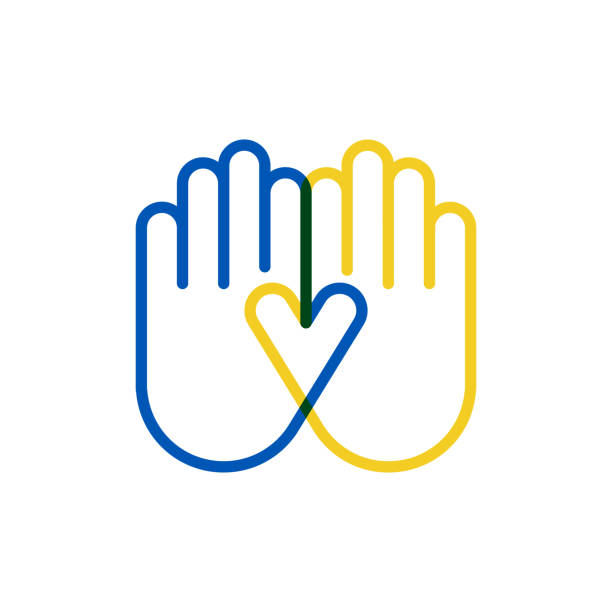 frieden für die ukraine. gliederung ikone menschliche hand. konzept der liebe, der zusammenarbeit, der solidarität. vektorillustration, flat design - prayer position illustrations stock-grafiken, -clipart, -cartoons und -symbole