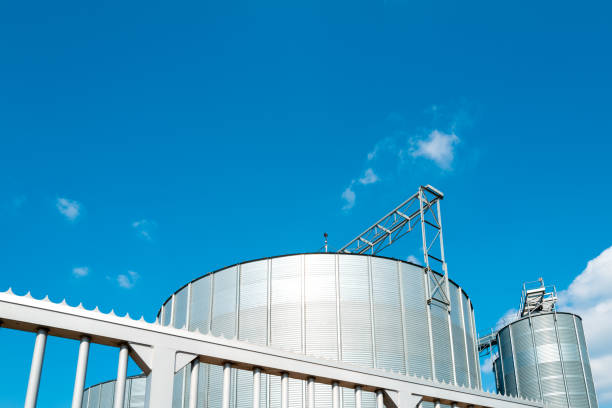 Steel grain storage silos seen against a near clear blue sky. Seen behind a security gate at the milling plant.
