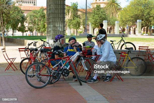 Group Of Retirees Meeting At The Park On Their Bicycles In Downtown Tucson Az Stock Photo - Download Image Now