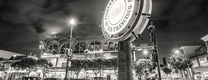 San Francisco, California - August 6, 2017: Fishermans Whard street symbol at night