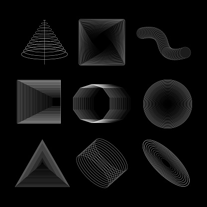 Vector Geometric Shapes Set. Abstract Shapes. Brutal Design Elements. Abstract Blended Geometric Objects. Brutalism. Brutal Design Style Icons On Black Background. Motion Elements. Vector illustration