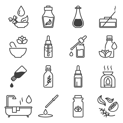 Essential oil icons set. Simple line drawing of vials, use and composition of liquid essential oil. Vector over white background