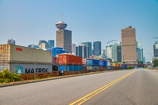 Vancouver, Canada - August 9, 2017: Beautiful view of Vancouver skyline from an industrial area in summer season