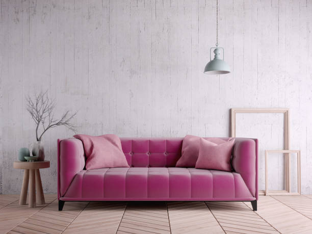 Vintage industrial style living room with purple sofa,wood floor,ceiling lamp and grunge white wall background.3d rendering stock photo