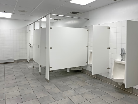 Wide angle view of a public restroom