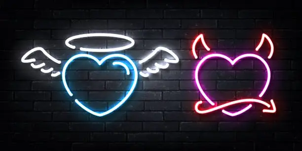 Vector illustration of Vector angel and devil neon hearts