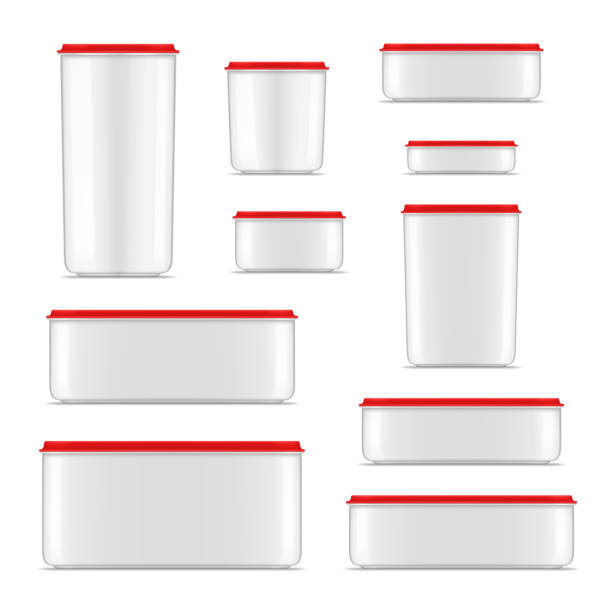 ilustrações de stock, clip art, desenhos animados e ícones de collection realistic transparent plastic food containers with red cap different shape vector - lunch box lunch bucket box