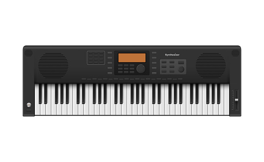 Top view realistic synthesizer with black and white keys, display and buttons vector illustration. Modern electronic musical equipment for audio sound melody playing artist musician isolated