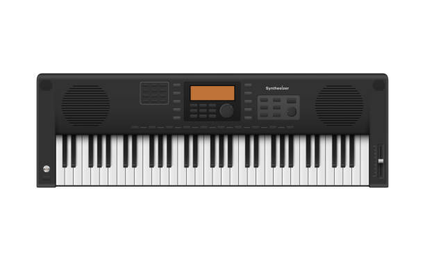 Top view realistic synthesizer with black and white keys, display and buttons vector illustration Top view realistic synthesizer with black and white keys, display and buttons vector illustration. Modern electronic musical equipment for audio sound melody playing artist musician isolated synthesizer stock illustrations