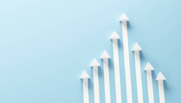 istock Minimal white arrow up to growth success on blue background, progress way and forward achievement creative concept. copy space. 1388237462