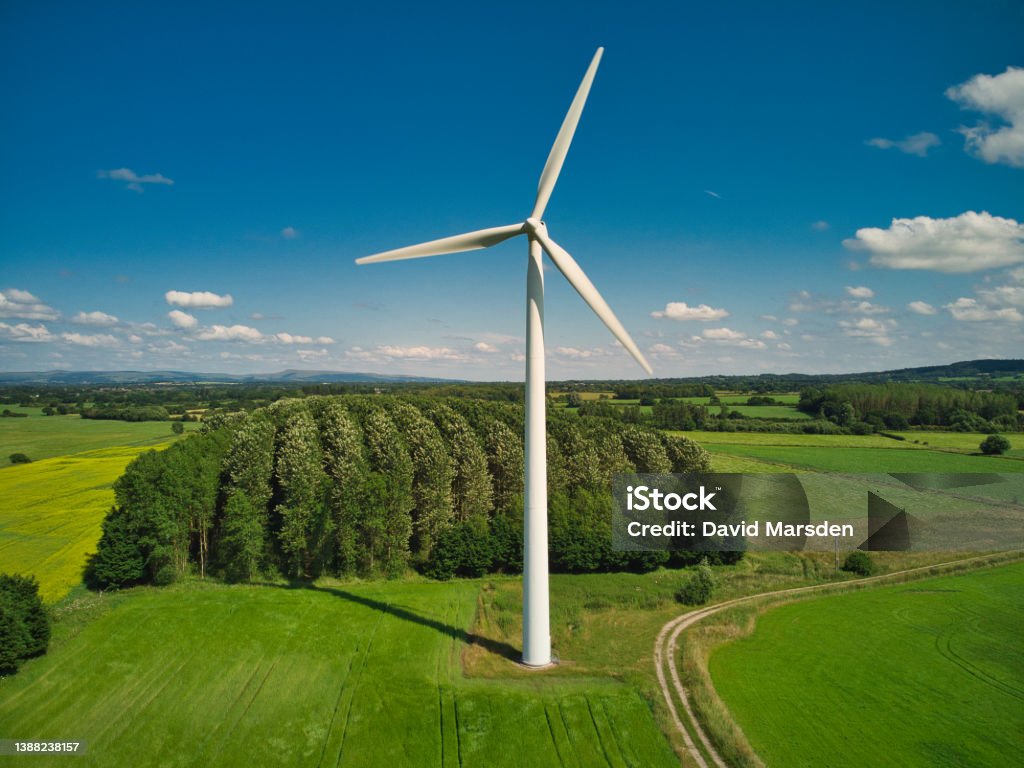 Rural wind farm turbine aerial view of rural wind turbine Wind Turbine Stock Photo