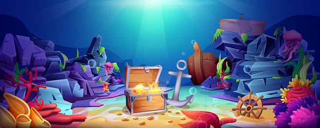 Cartoon underwater world with open pirate treasure chest. Sunken wooden box with golden crown, shining coins and gems. Sea sandy bottom with wealth in ocean. Wreck ship and old anchor on deep seabed.