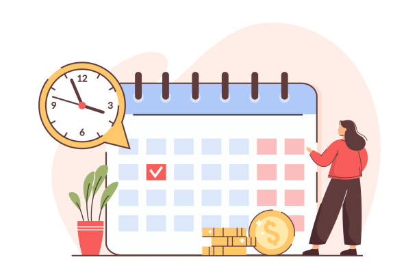 Flat woman with personal financial bill payment calendar Flat personal financial bill payment calendar. Woman check pay schedule or payroll. Tax, loan, deadline debt or income due date concept. Payday in time for employee. Monthly budget or salary planning. employment document stock illustrations