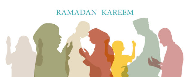 Silhouette of muslim men and woman praying, ramadan kareem Silhouette of muslim men and woman praying, ramadan kareem allah the god islam cartoons stock illustrations