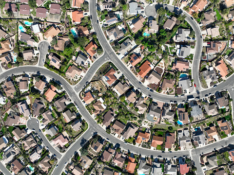 Aerial top view middle class neighborhood in South California, USA