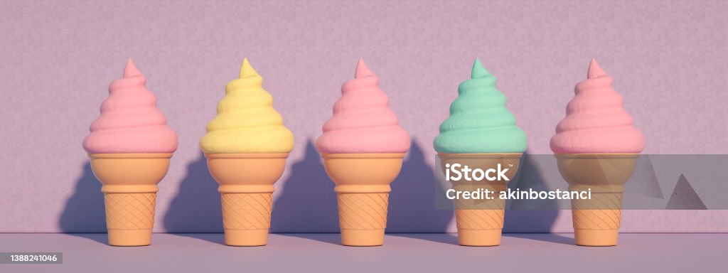 Ice cream and cone minimal summer concept lilac background 3d rendering of Ice cream and cone minimal summer concept lilac background. Flavored Ice Stock Photo