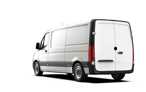 Back view of a generic and unbranded van Back view of a generic and unbranded van: 3D illustration transporter stock pictures, royalty-free photos & images