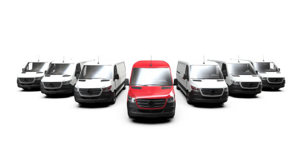 istock Red commercial van and fleet of white trucks, front view 1388242033