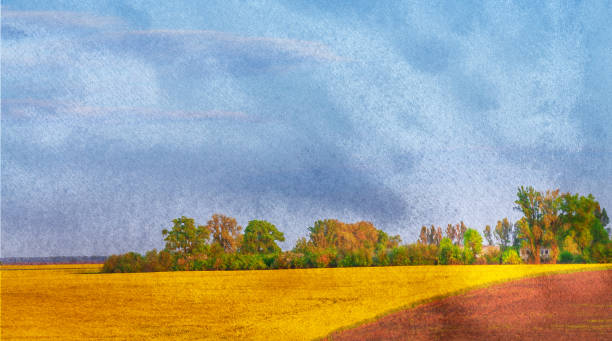 istock summer landscape cloudy sky over a yellow field with wheat in Ukraine, processing in the style of an oil painting 1388242099