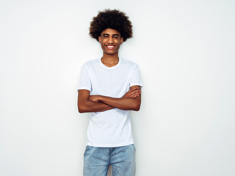 Emotional african american man with african hairstyle