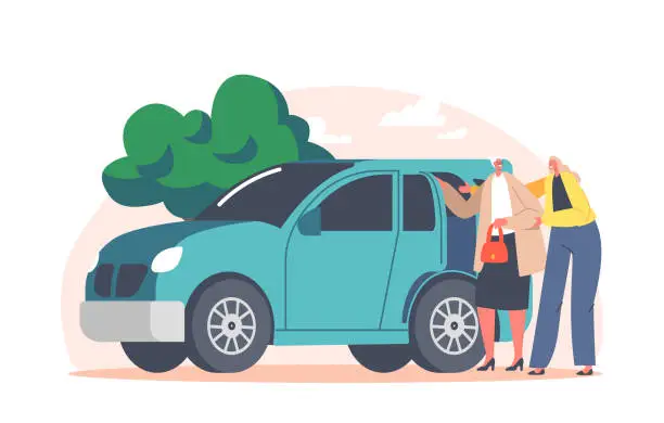 Vector illustration of Volunteer Female Character Help to Old Woman to Sit in Car for Transportation. Volunteering, Support of Elderly People