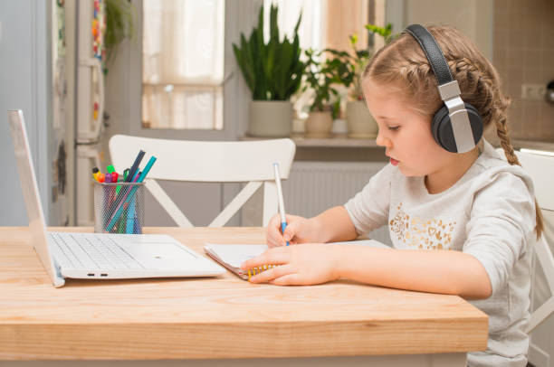 istock Little schoolgirl wearing wireless headphones makes videocall using web cam and notebook writing notes learning school subject distantly. Remote self-education concept. 1388243460