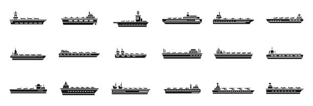 ilustraciones, imágenes clip art, dibujos animados e iconos de stock de los iconos de portaaviones establecen un vector simple. portaaviones del ejército - portaaviones