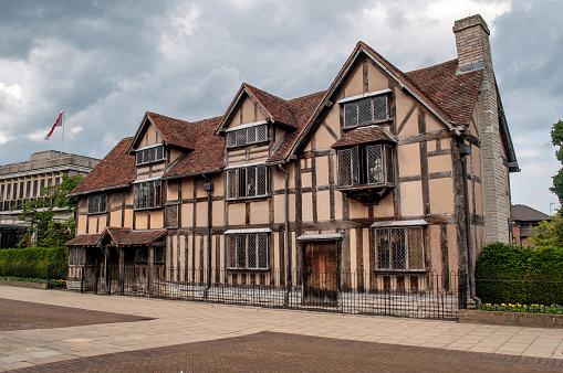 The old wooden house is the birthplace of William Shakespeare in Stratford upon Avon. Old architecture, house on the main street.