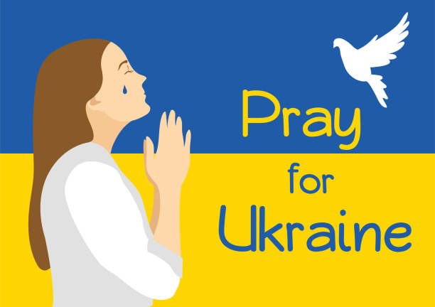 Pray for Ukraine Silhouette of praying woman with the national Ukrainian flag on background. Flat vector illustration ukraine war stock illustrations