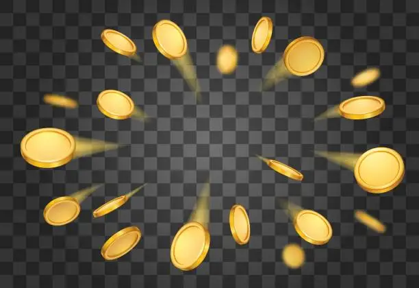 Vector illustration of Realistic 3d flying golden coins background, casino jackpot prize concept. Financial wealth symbol. Yellow gold coin explosion. Gambling game winner money rain vector illustration