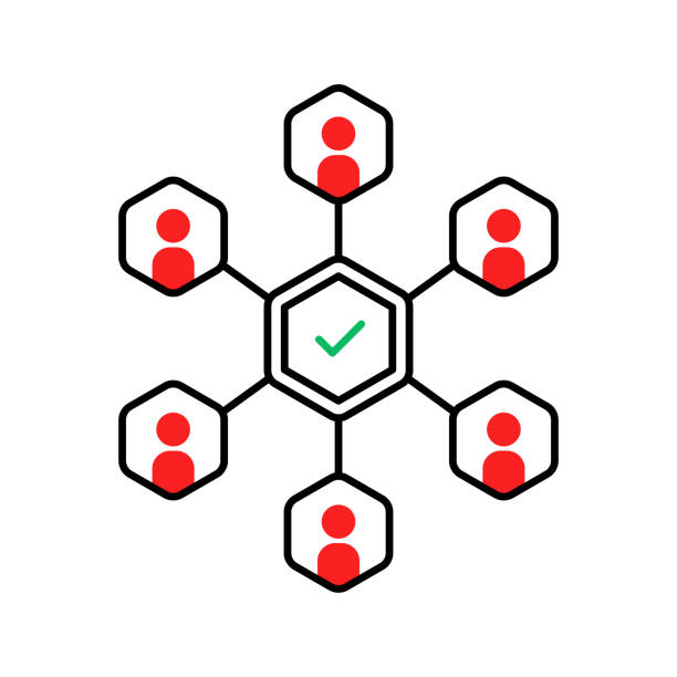 abstract teamwork icon like successful collaboration abstract teamwork icon like successful collaboration. flat outline trend client or partners graphic design. concept of integrity or complete with checkmark and online training or webinar chat shareholders meeting stock illustrations