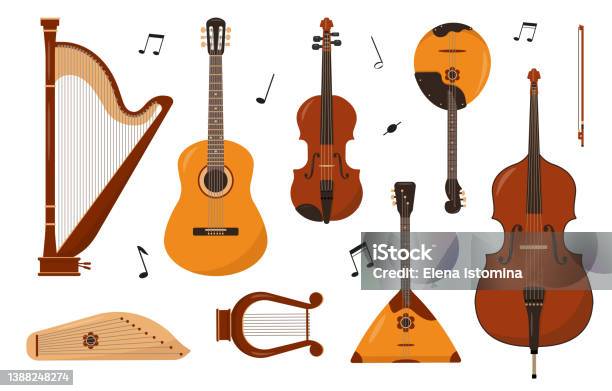 6 Stringed Instruments Set Of Stringed Musical Instruments And Notes Isolated Stock ...